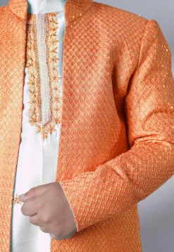 Embroidered Dupion Silk Sherwani Set in Off White and Peach