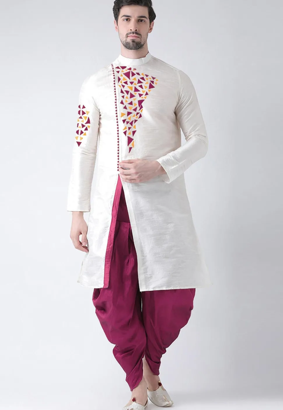 Embroidered Dupion Silk Side Slit Dhoti Kurta in White