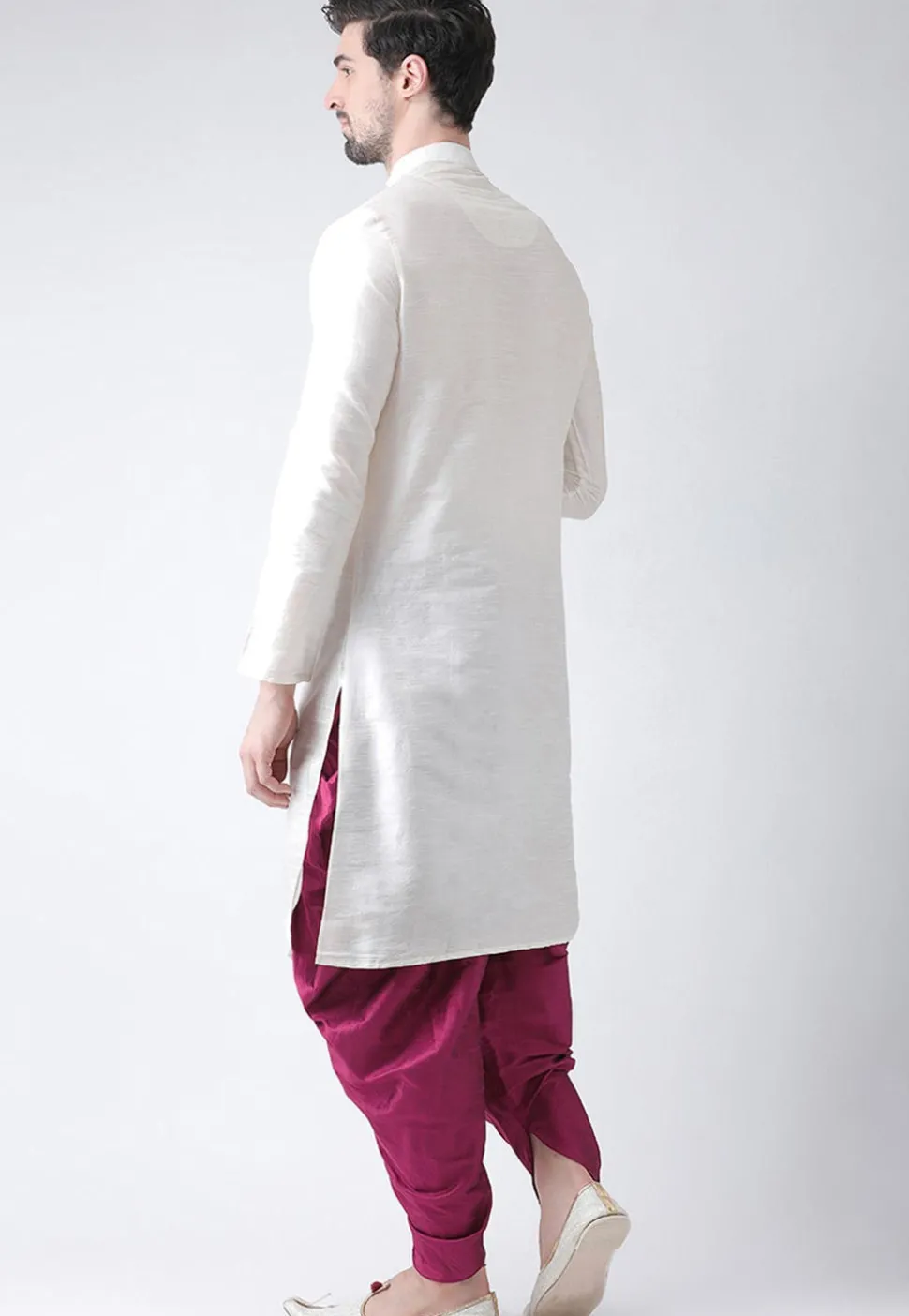 Embroidered Dupion Silk Side Slit Dhoti Kurta in White
