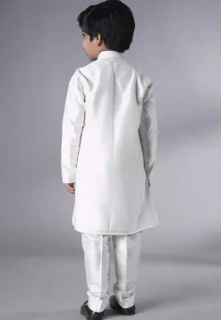 Embroidered Dupion Silk Sherwani Set in Off White