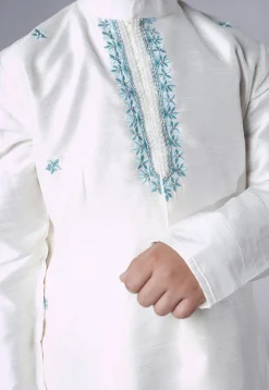 Embroidered Dupion Silk Sherwani Set in Off White