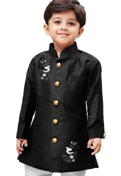 Embroidered Dupion Silk Sherwani in Black