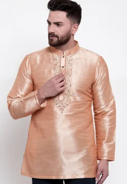Embroidered Dupion Silk Short Kurta in Light Beige