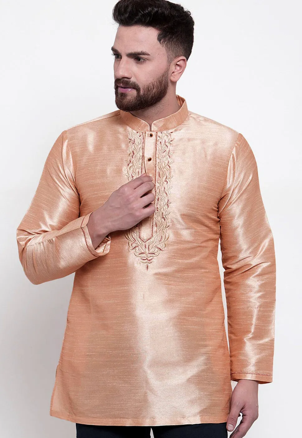 Embroidered Dupion Silk Short Kurta in Light Beige