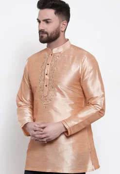 Embroidered Dupion Silk Short Kurta in Light Beige