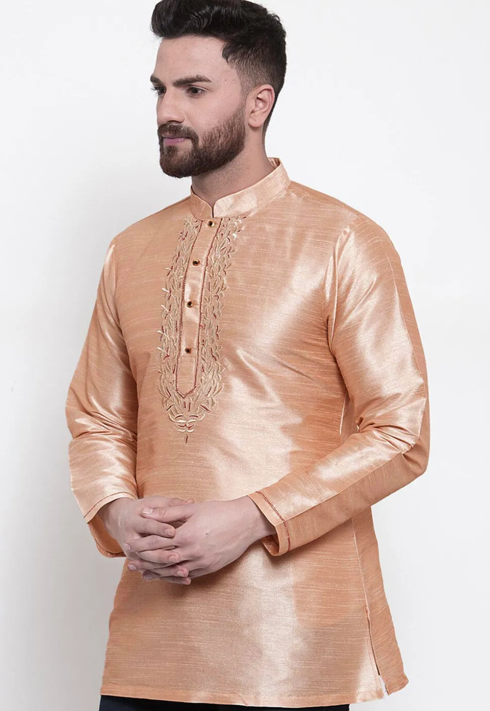 Embroidered Dupion Silk Short Kurta in Light Beige