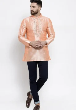 Embroidered Dupion Silk Short Kurta in Light Beige