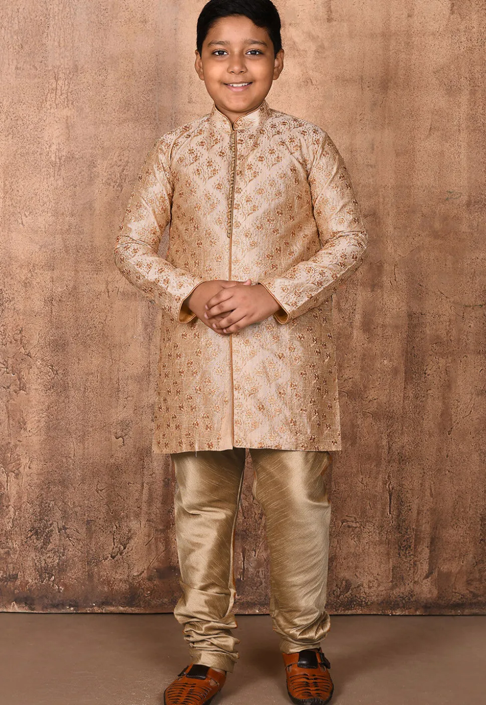 Embroidered Dupion Silk Sherwani in Beige