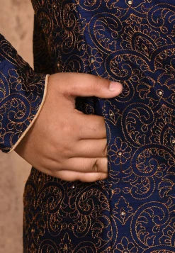 Embroidered Dupion Silk Sherwani Set in Navy Blue