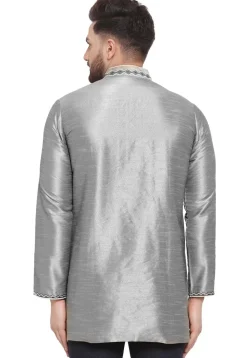 Embroidered Dupion Silk Short Kurta in Grey