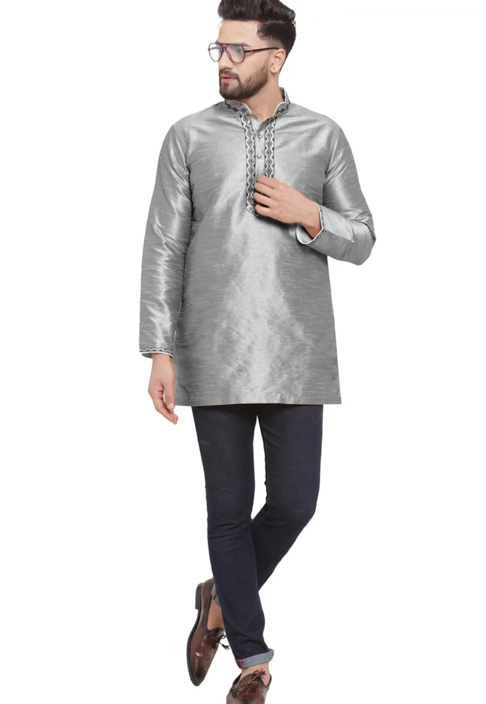 Embroidered Dupion Silk Short Kurta in Grey