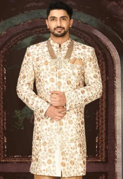 Embroidered Dupion Silk Sherwani in Cream