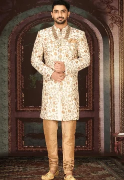 Embroidered Dupion Silk Sherwani in Cream