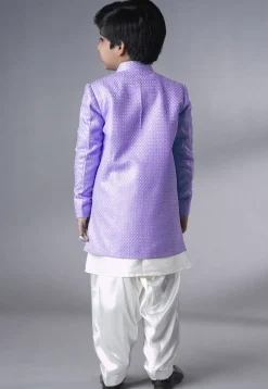Embroidered Dupion Silk Sherwani Set in Off White and Light Purple