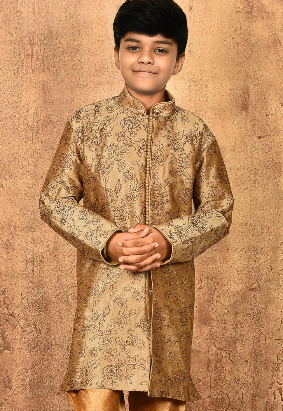Embroidered Dupion Silk Sherwani in Dark Beige