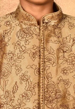 Embroidered Dupion Silk Sherwani in Dark Beige