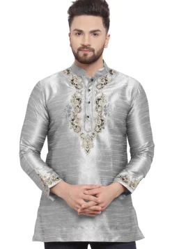 Embroidered Dupion Silk Short Kurta in Grey
