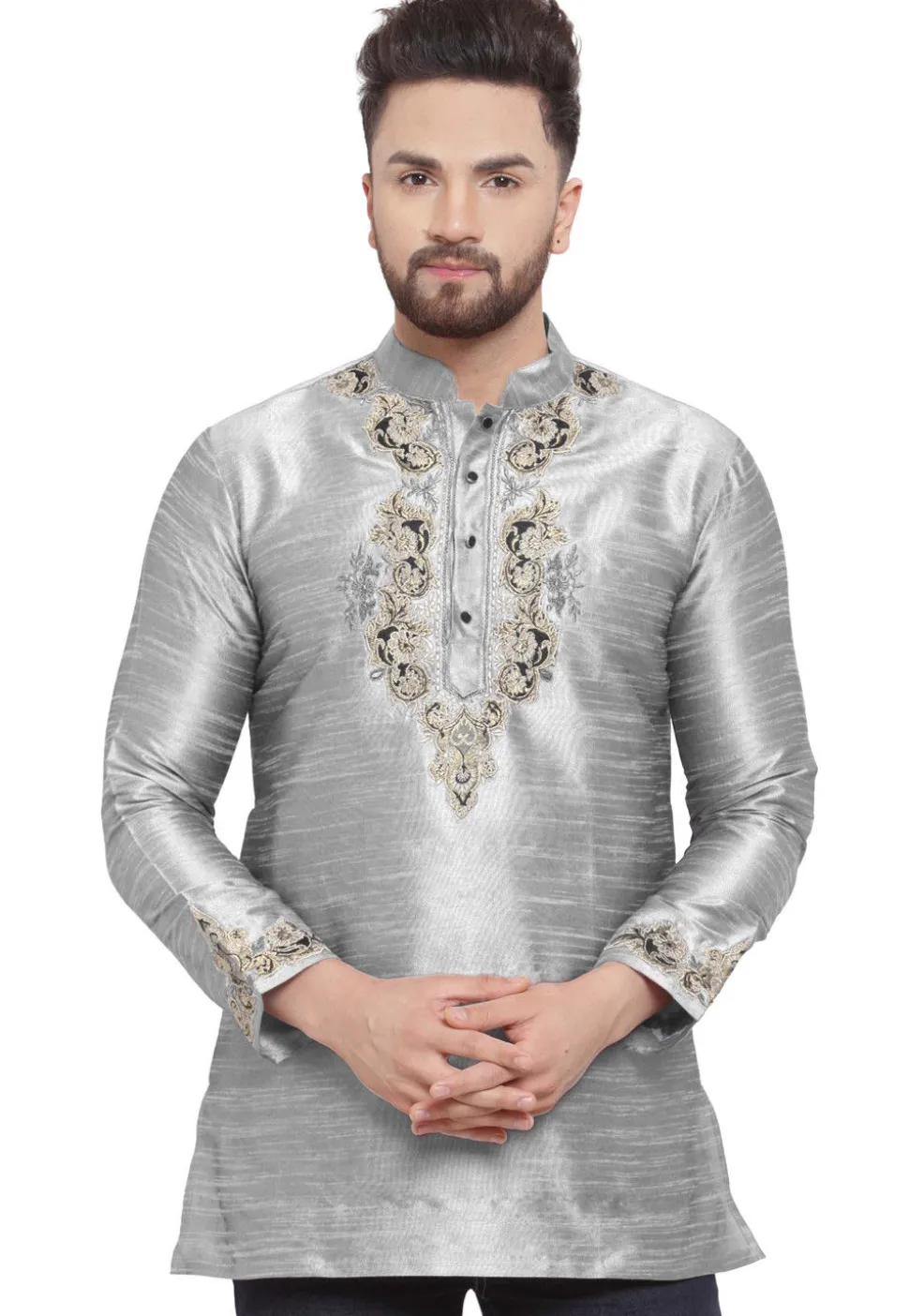 Embroidered Dupion Silk Short Kurta in Grey