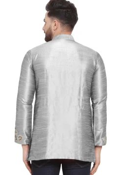 Embroidered Dupion Silk Short Kurta in Grey