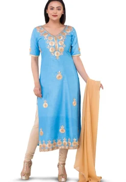 Embroidered Dupion Silk Straight Suit in Light Blue