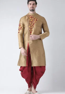 Embroidered Dupion Silk Side Slit Dhoti Kurta in Dark Beige