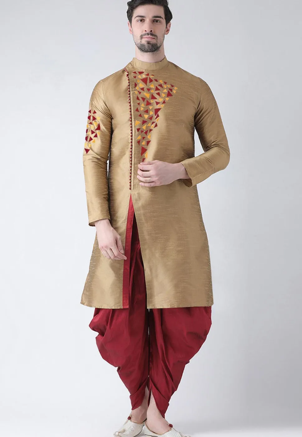 Embroidered Dupion Silk Side Slit Dhoti Kurta in Dark Beige