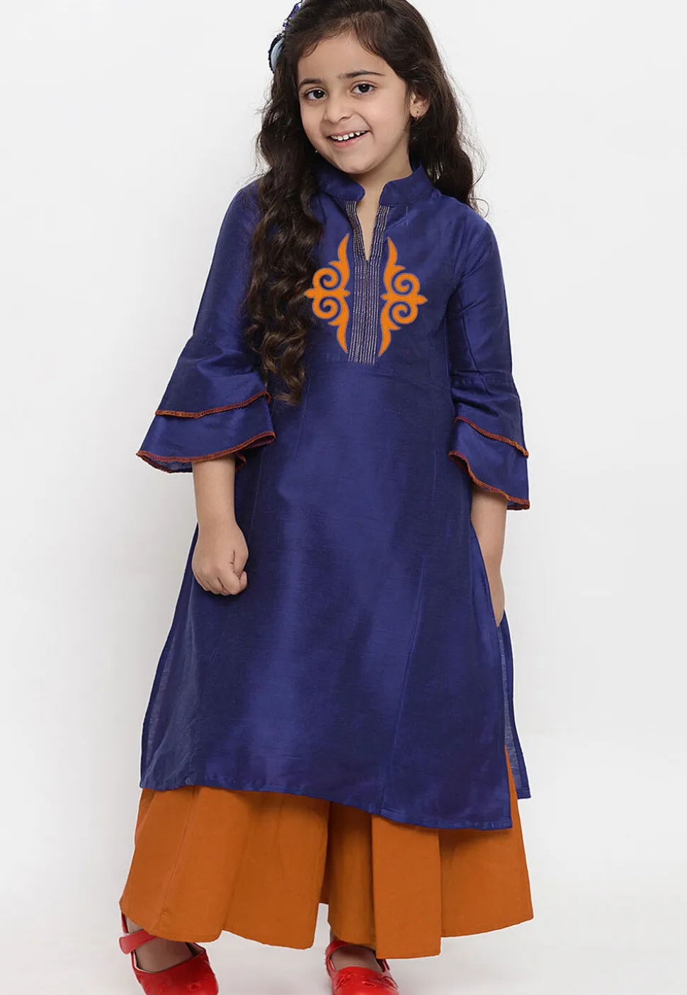 Embroidered Dupion Silk Straight Kurta Set in Navy Blue