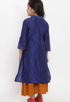 Embroidered Dupion Silk Straight Kurta Set in Navy Blue