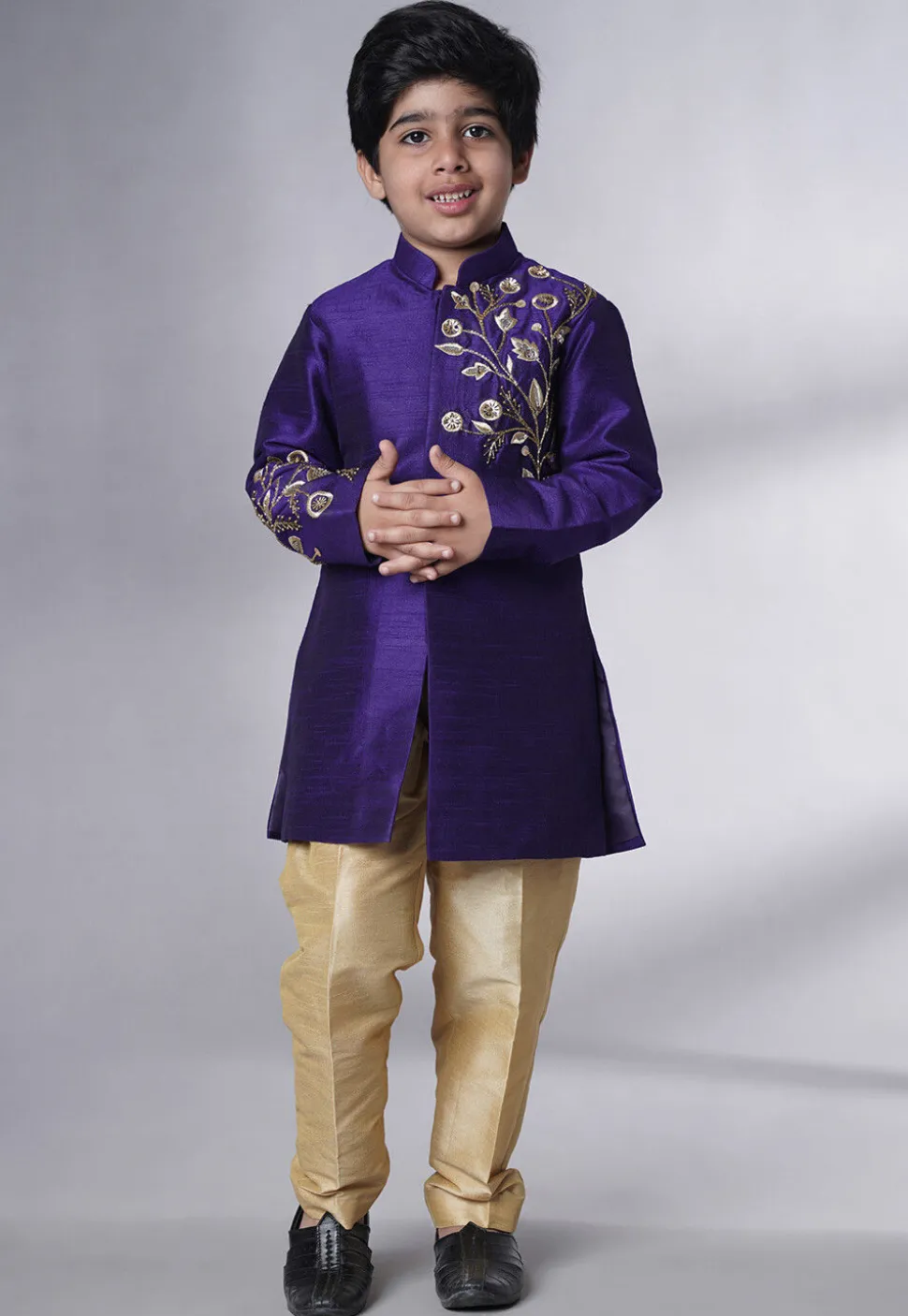 Embroidered Dupion Silk Sherwani Set in Dark Blue