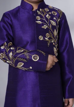 Embroidered Dupion Silk Sherwani Set in Dark Blue