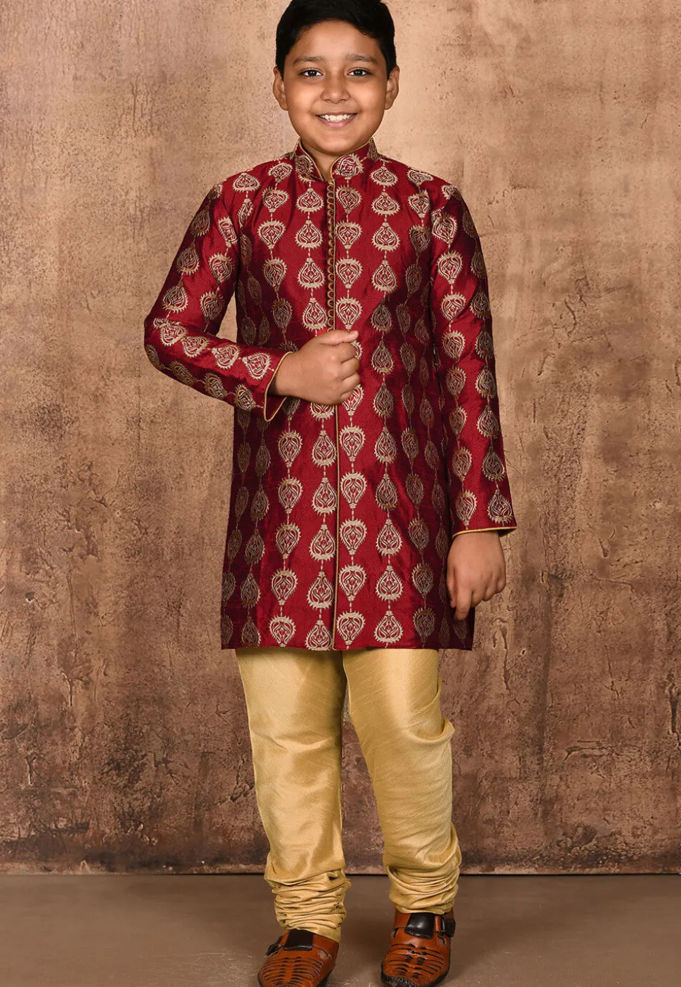 Embroidered Dupion Silk Sherwani in Maroon