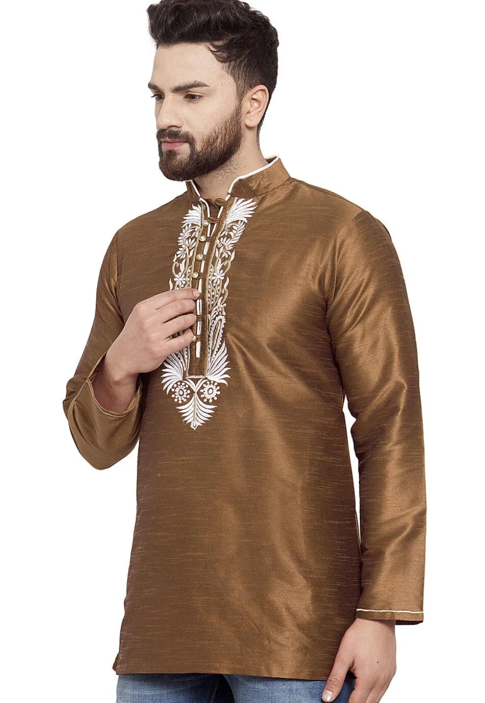 Embroidered Dupion Silk Short Kurta in Brown