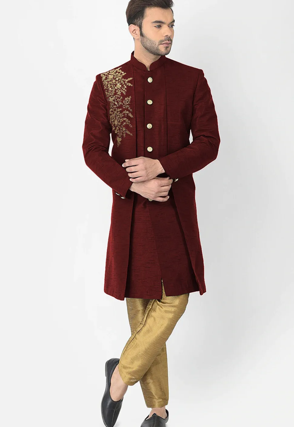 Embroidered Dupion Silk Sherwani in Maroon