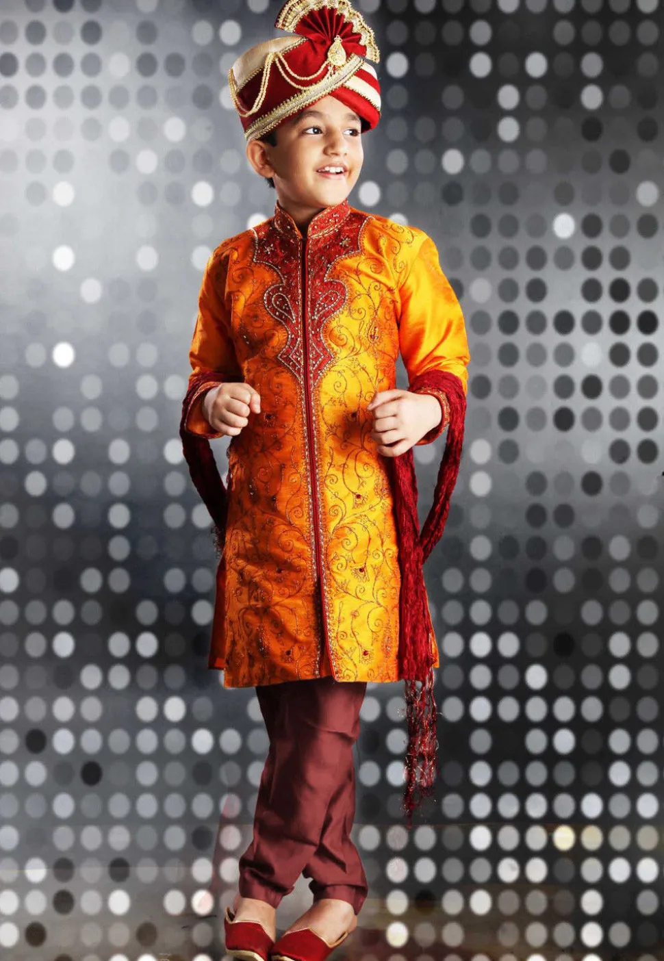 Embroidered Dupion Silk Sherwani Set in Orange