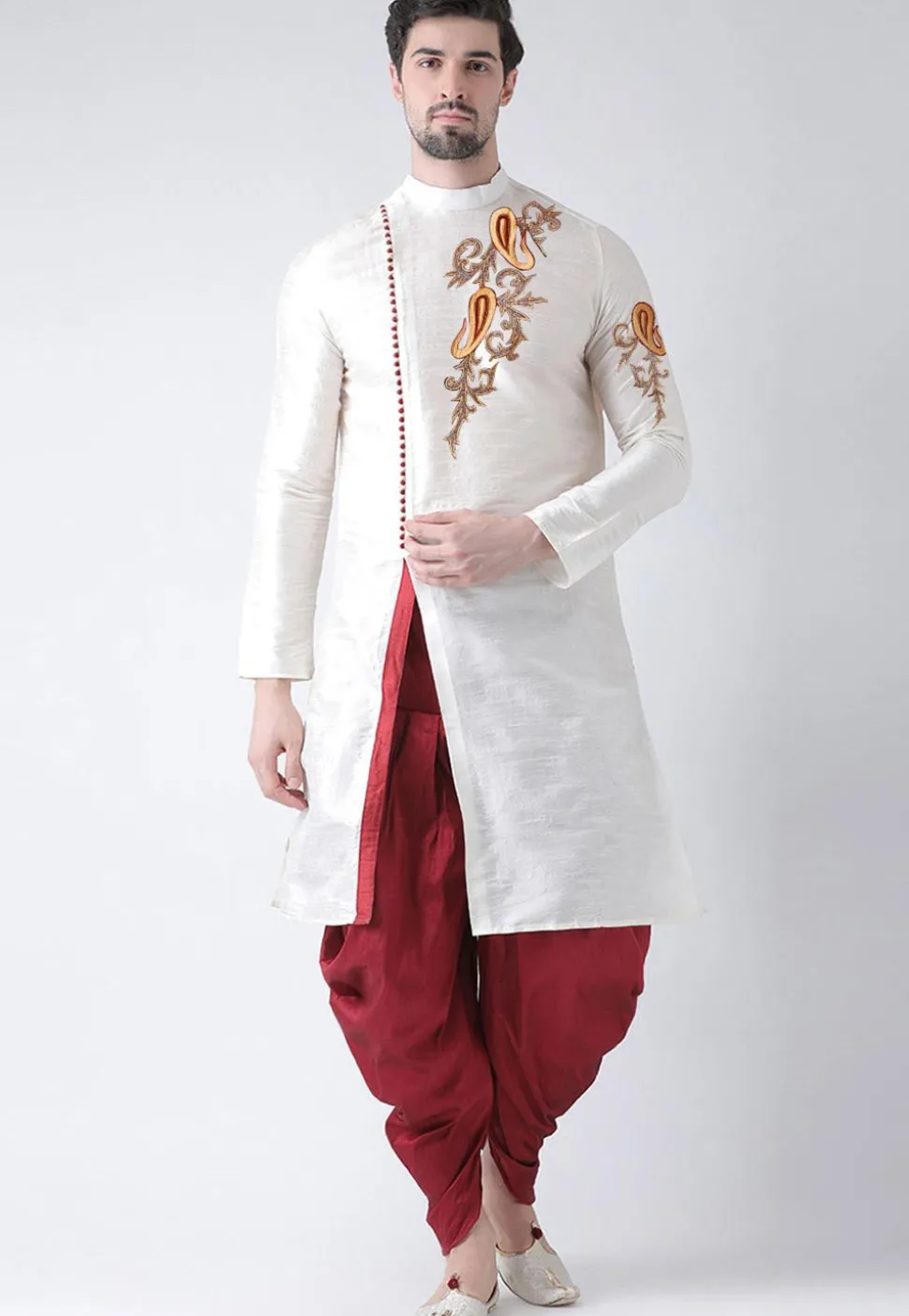 Embroidered Dupion Silk Side Slit Dhoti Kurta in White