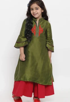 Embroidered Dupion Silk Straight Kurta Set in Green