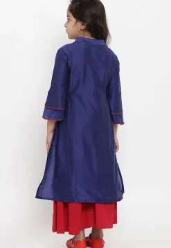 Embroidered Dupion Silk Straight Kurta Set in Navy Blue