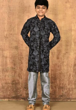 Embroidered Dupion Silk Sherwani Set in Black
