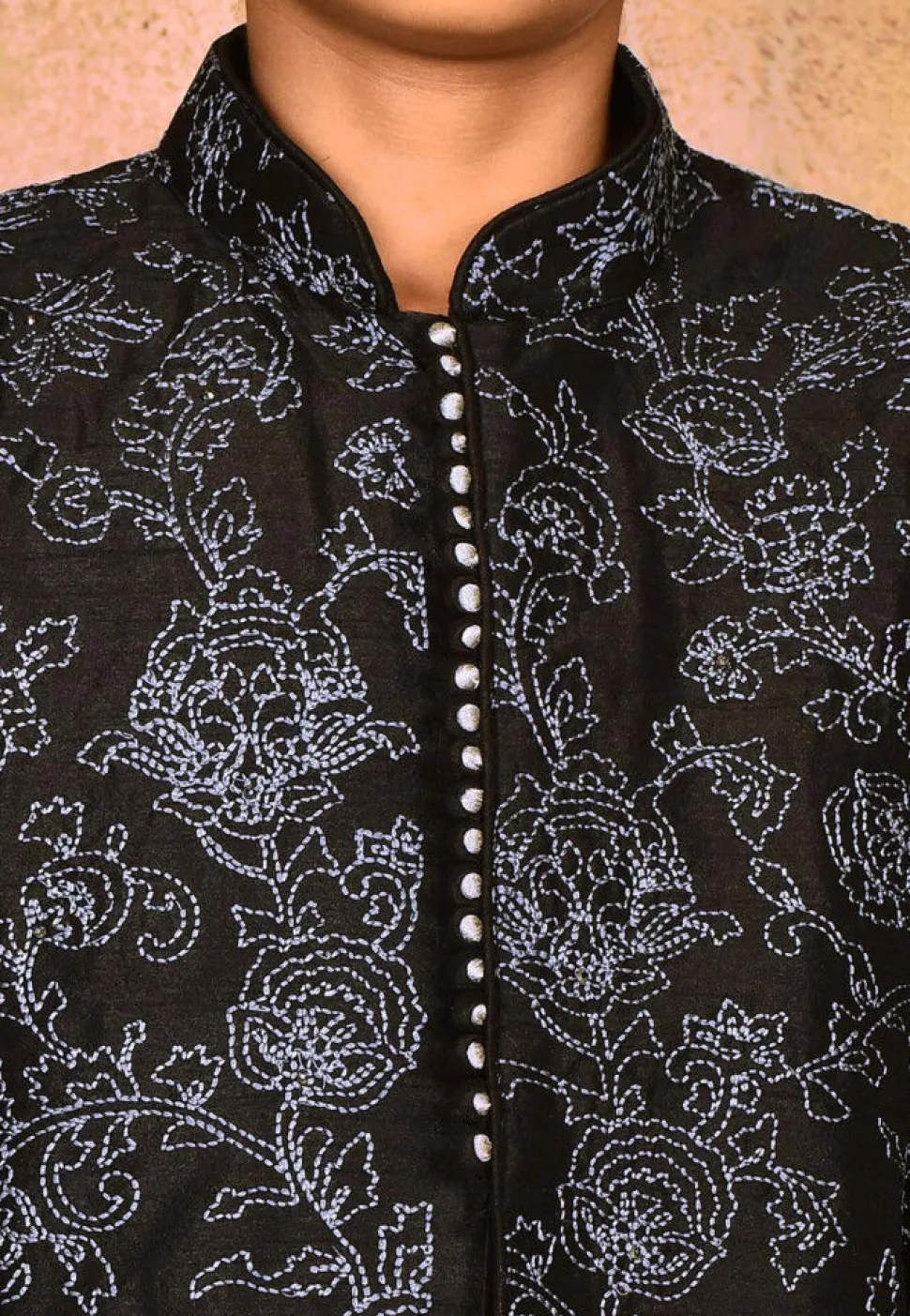 Embroidered Dupion Silk Sherwani Set in Black