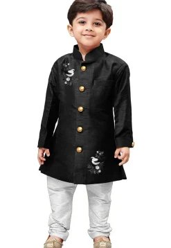 Embroidered Dupion Silk Sherwani in Black