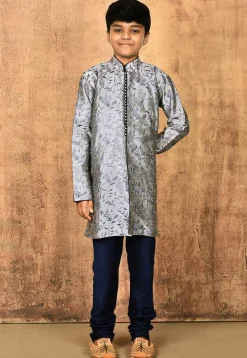 Embroidered Dupion Silk Sherwani Set in Grey