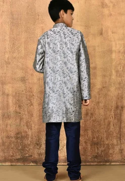 Embroidered Dupion Silk Sherwani Set in Grey