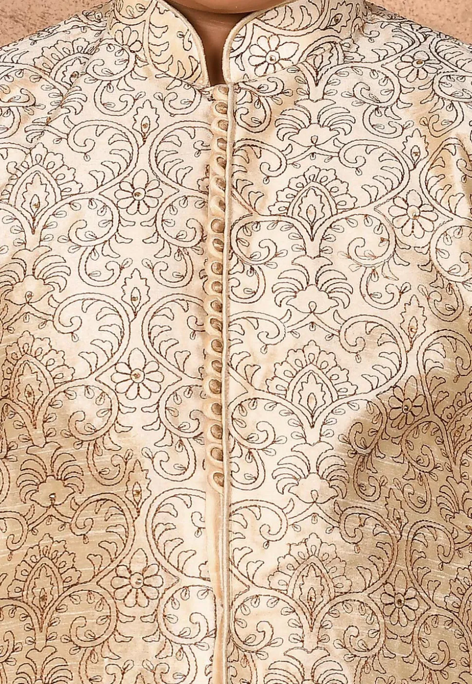 Embroidered Dupion Silk Sherwani Set in Light Beige