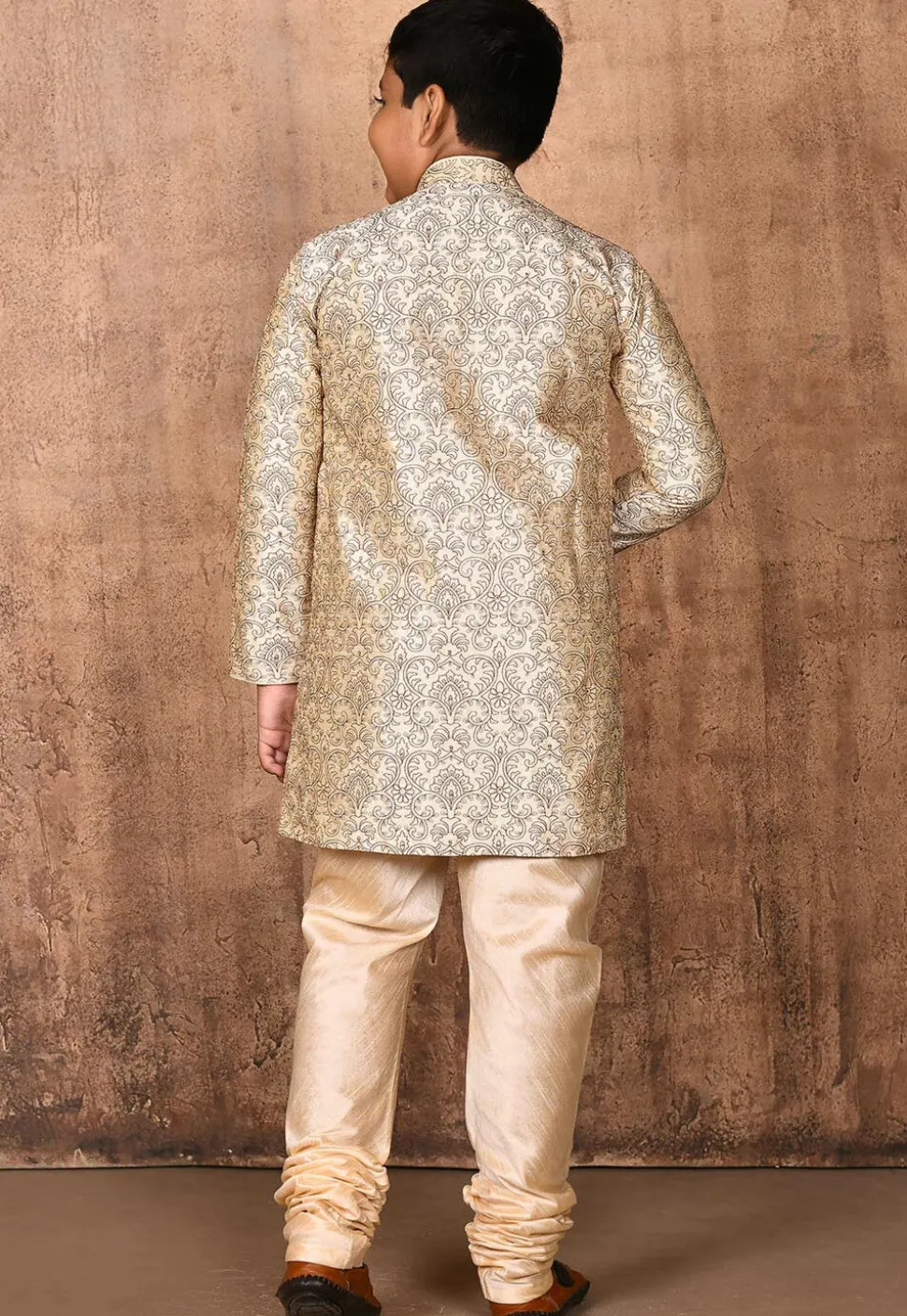 Embroidered Dupion Silk Sherwani Set in Light Beige