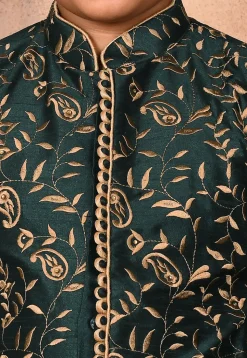 Embroidered Dupion Silk Sherwani in Dark Green