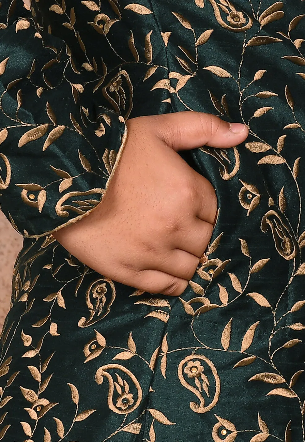 Embroidered Dupion Silk Sherwani in Dark Green