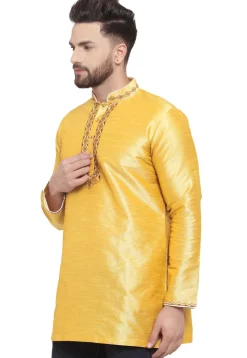 Embroidered Dupion Silk Short Kurta in Yellow