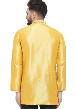 Embroidered Dupion Silk Short Kurta in Yellow