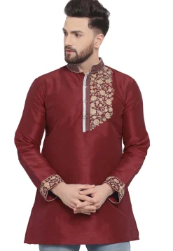 Embroidered Dupion Silk Short Kurta in Maroon