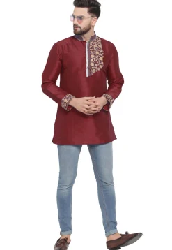 Embroidered Dupion Silk Short Kurta in Maroon